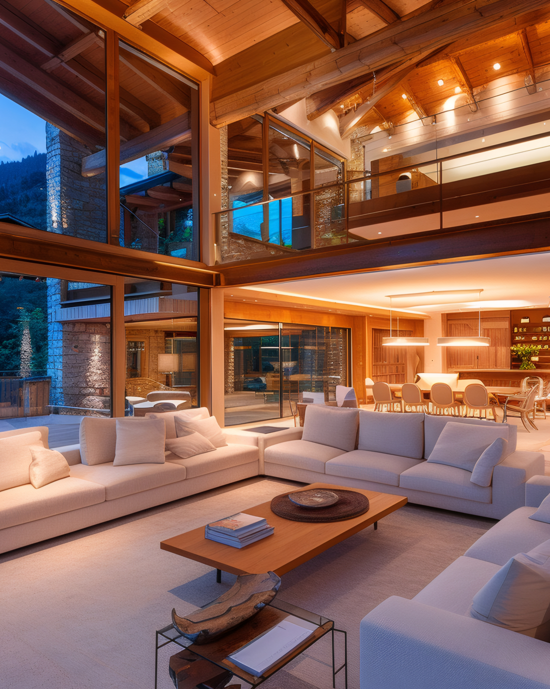 Luxury mountain chalet interior with cozy living room